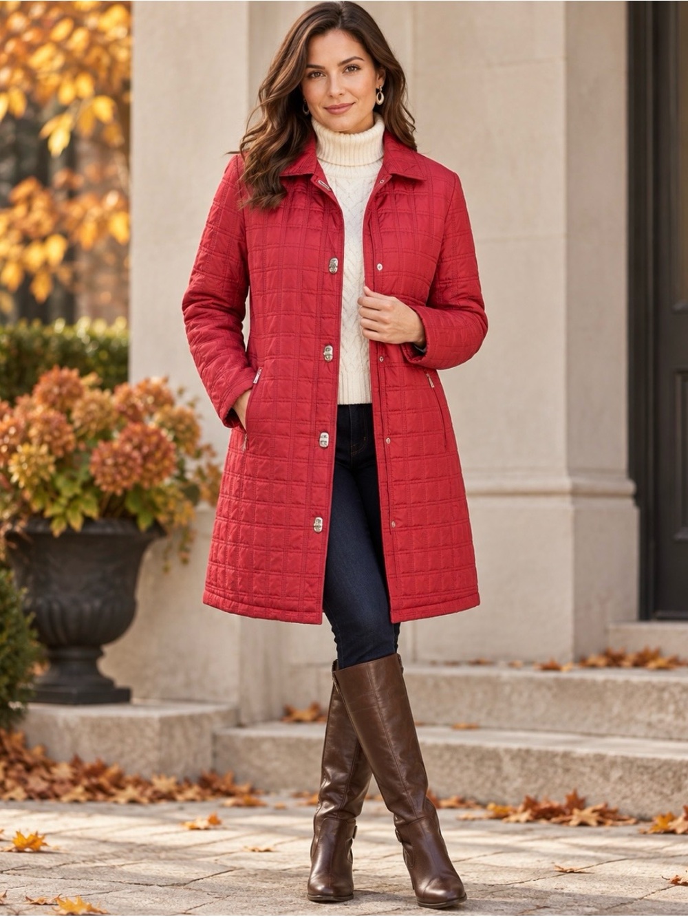 Tweeds Red Quilted Long Coat Size L Plaid Stitching Button Front Zip Pockets